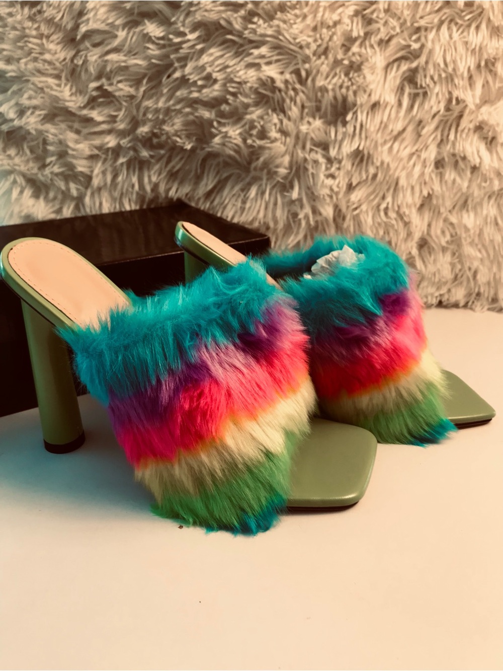 Multicolor Faux Fur Open-Toe Heeled Mules - Women